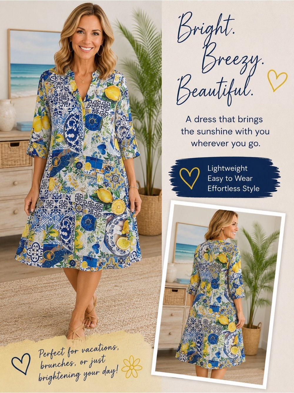 Siya Dress Blue and Yellow Lemon Print, Size Unspecified